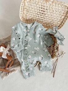 SHEIN Bộ đồ liền thân dài tay vải gân họa tiết hoa cổ tròn có khóa kéo phía trước dành cho bé gái, mùa thu/đông - màu xanh lá - Xem 1