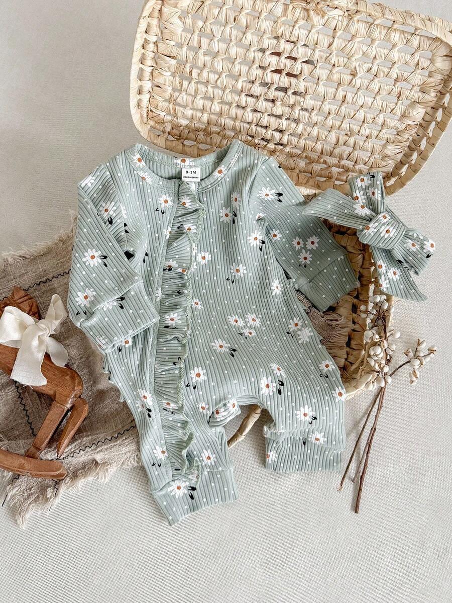 SHEIN Bộ đồ liền thân dài tay vải gân họa tiết hoa cổ tròn có khóa kéo phía trước dành cho bé gái, mùa thu/đông - màu xanh lá - Xem 1