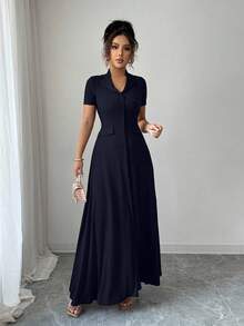 Elenzga Elegant Commuter Brown Lapel Waist Slimming Button Decor A-Line Back Bowknot Short Sleeve Maxi Dress For Women - Navy Blue - View 5