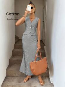 Easowa Bộ 2 món áo sơ mi không tay cổ chữ V cài nút phía trước và chân váy đuôi cá ôm sát, trang phục đi nghỉ thanh lịch, mùa xuân/hè, vải cotton dệt sọc - Đen và trắng - Xem 5