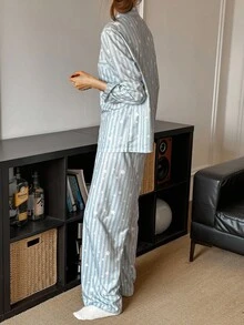 Dream Adore Women Striped Floral Textured Fabric Print Long Sleeve Top & Pants Blue And White Vintage Pajama Set, Fall Clothes - Multicolor - View 4