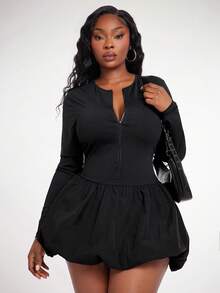 Radiana 女士性感休闲黑色长袖拉链连体裤，带荷叶边下摆，荷叶边迷你连衣裙（含防走光短裤），修身迷你连衣裙，休闲连衣裙，休闲连体裤，休闲套装，适合日常外出、约会、聚会、购物、街头风、运动装扮 - 黑色 - 查看 8