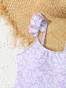 1pc Tween Girl Random Print One-Piece Swimsuit - Mauve Purple - View 4