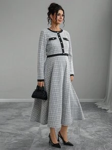 Momance 2 pièces Ensemble de maternité : Top court à manches longues imprimé à carreaux et mini-jupe