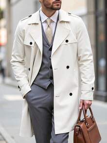 Manfinity Homme 男士纽扣前长袖口袋简约休闲风衣，外出法兰绒风衣，适合送给朋友、丈夫、男朋友的礼物 - 杏色 - 查看 7