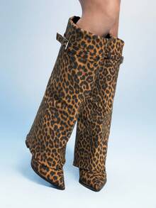 Sugerpunk Women's Buckle Closure Leopard Print Mid-High Heel Knee-High Boots - Multicolor - View 3