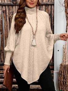 Women's Solid Color Knitted Button High Neck Batwing Long Sleeve Cape Style Fitted Elegant Sweater, Autumn/Winter - Apricot - View 3