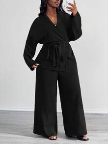 SHEIN PETITE CURVE 大码休闲系腰长袖上衣和宽松裤子两件套 - 黑色 - 查看 5