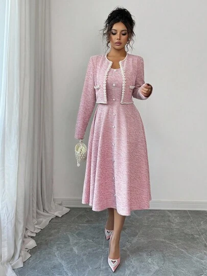 Elenzga 2pcs/Set Women's Early Spring Date Outfit, Suitable For Back To School, Teacher's Attire, Mature Elegant OL Commute Business Casual Office Style, French Romantic Sweet Korean Beaded Waist A-Line Mid-Length Dress And Long Sleeve Short Jacket, Pink Guest Easter