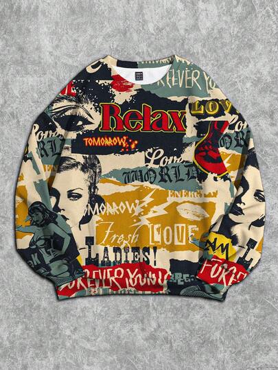 Slaydiva Nueva sudadera holgada de cuello redondo casual para mujer / Ropa de otoño para mujer / Ropa de invierno para mujer / Ropa de calle / Ropa Y2K / Atuendo para salir / Vuelta al colegio / Póster de retrato retro con gráfico en mosaico