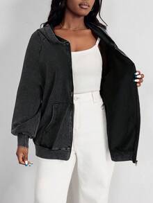 SHEIN PETITE CURVE Áo khoác nỉ cotton dáng rộng, chất liệu cotton, kiểu dáng cổ điển, có khóa kéo, phù hợp cho mùa thu/đông. - màu đen - Xem 5