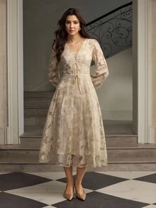 ZEYLAH V-Neck Tie-Up Cutout Long Sleeve Dress, Autumn/Winter - Apricot - View 4