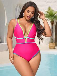 Swim Vcay Große Größen 1 Stück fuchsiafarbener passender mehrfarbiger gestreifter rückenfreier V-Ausschnitt Ausschnitt Design Badeanzug für Damen