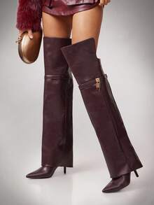 SHUZIA Women Fashion Comfortable Folded Over Over-Knee Heeled Boots With Lock Decor For Christmas - Chocolate Brown - View 2