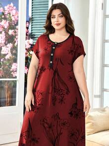 SHEIN Lacomfia Đầm họa tiết hoa giản dị cỡ lớn trang trí nút cho nữ - Đỏ - Xem 4