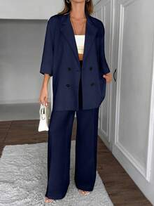 EURMUSE Bộ vest nữ màu vàng bơ cỡ lớn thường ngày - Màu xanh hải quân - Xem 3