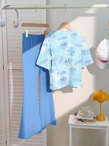 SHEIN Leap Crew 可爱卡通蓝色兔子露露，针迹图案，清新海洋蓝扎染，少女休闲宽松圆领短袖T恤和喇叭裤两件套，夏季服装，轻松舒适，儿童秋季分层，时尚儿童，休闲装，儿童图案服装，返校，秋季服装，返校节，别致秋季，秋季新款 - 彩色 - 查看 2