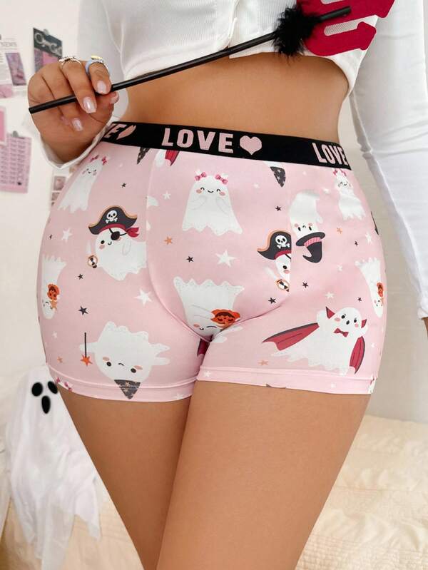SHEIN 1pc Women Plus Size Casual Briefs, Suitable For Halloween Ghost Print Boxers Cartoon Boxers Women Boxers Set Cute Boxers Pink Boxers