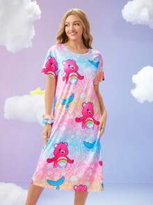 SweetSlumber X Carebears Women's Cute Bear Print Round Neck Short Sleeve Nightgown, Summer Care Bear Pajamas Dress Kawaii Pajamas Cute Pajamas Dress Cute Sleepwear Cartoon Pajamas Women, Moo Moo Night Dress