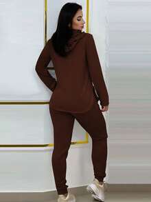 INAWLY 女式纯色长袖抽绳连帽运动衫和裤子休闲两件套，秋季 - 咖啡棕 - 查看 2