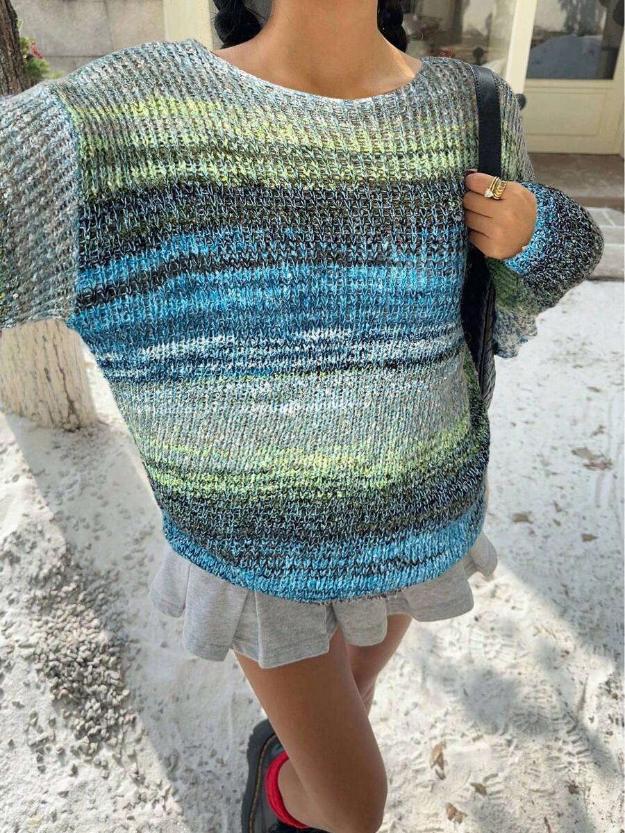 SHEIN EZwear Áo len xanh đơn giản thường ngày dành cho nữ, thời trang Thu/Đông - Màu xanh lam - Xem 1