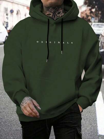 Manfinity Homme Męska bluza z kapturem i długim rękawem, jesienna, z nadrukiem w litery, kieszeniami i ściągaczem