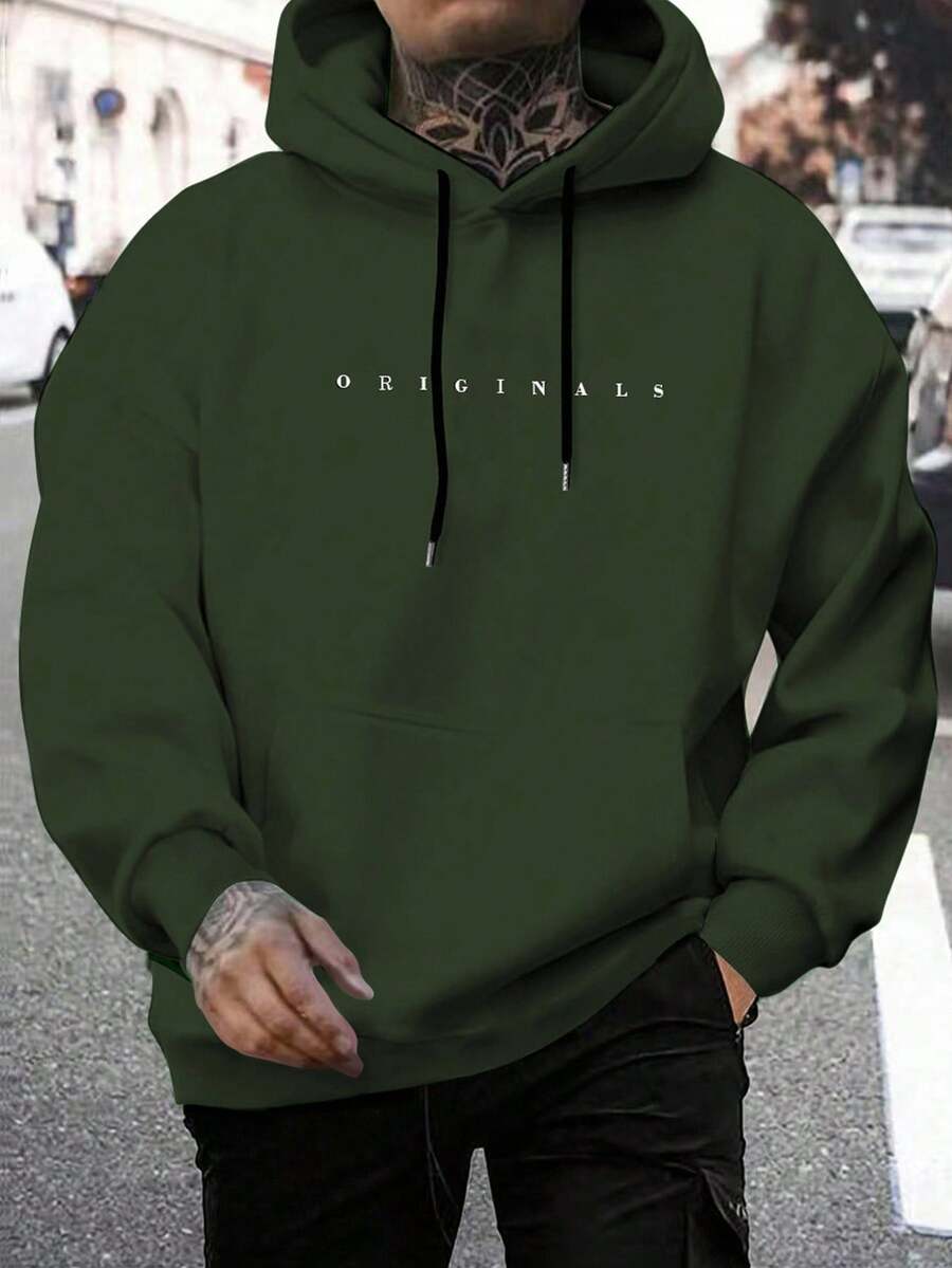 Manfinity Homme Men's Autumn Casual Letter Print Long Sleeve Hooded Sweatshirt With Pockets And Drawstring, Dark Olive Green Hoodie - Army Green - View 1