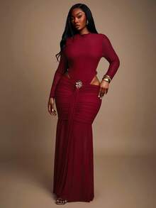 Radiana Plus Size Women's Fall/Winter,Spring&Summer Elegant Gorgeous Glamorous Sexy Basic 2pcs/Set Bodysuit And Ruching Mesh Maxi Skirt,With Free Removable Gold Metal Brooch,Suitable For Banquet,Feast,Dinner Party,Prom,Ball,Urban,Valentine's Day,Sexy Office Siren,Cruise Attire,Vintage,Festival,Concert,Carnival,Outing,Richly Layered,Holiday,Date Night,Gathering,Birthday,Bachelorette Party Outfit ,Cocktail,Formal Event,Modest,Chic,NightClub,Cute,New Years Eve Christmas Red - Burgundy - View 4