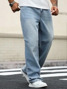 Manfinity Homme Plus Size Men's Casual Loose Fit Light Blue Denim Jeans Baggy Jeans Man Oversize Jeans Men - Blue - View 3