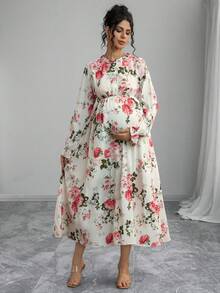 Momance Maternity Floral Print Long Sleeve Ruffle Collar Dress - Multicolor - View 1