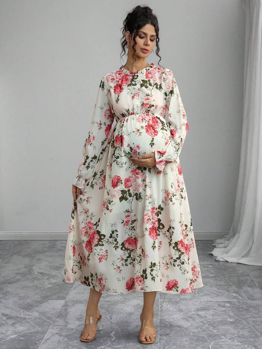 Momance Maternity Floral Print Long Sleeve Ruffle Collar Dress - Multicolor - View 1