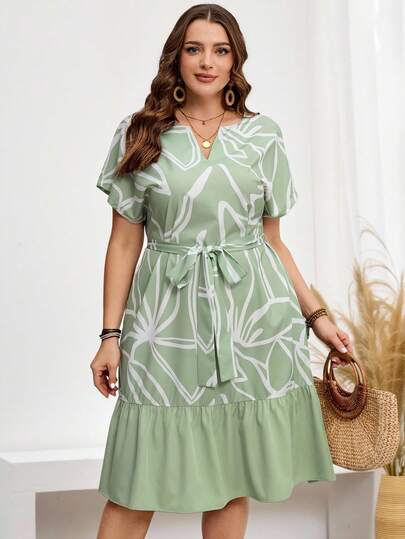 Miaspire Vestido casual de talla grande para mujer con escote en V y mangas murciélago con patrón de líneas