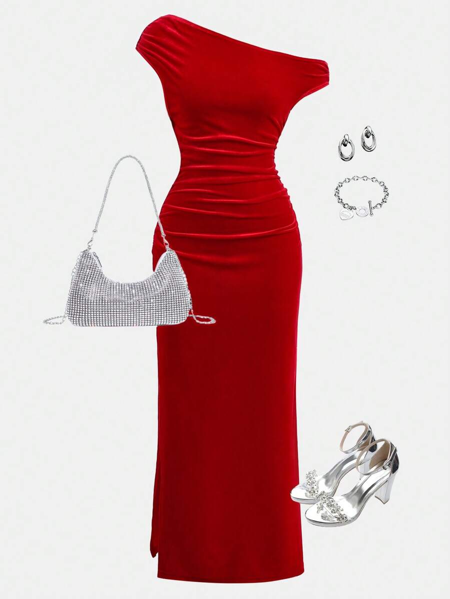 SHEIN Girlism 青少年女孩红色圣诞/新年针织不对称肩部褶饰腰部简约优雅休闲紧身派对连衣裙 - 玫紅色 - 查看 1