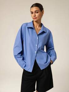 Hanevo 女式蓝色休闲运动 Polo 领简约衬衫 - 藍色 - 查看 1