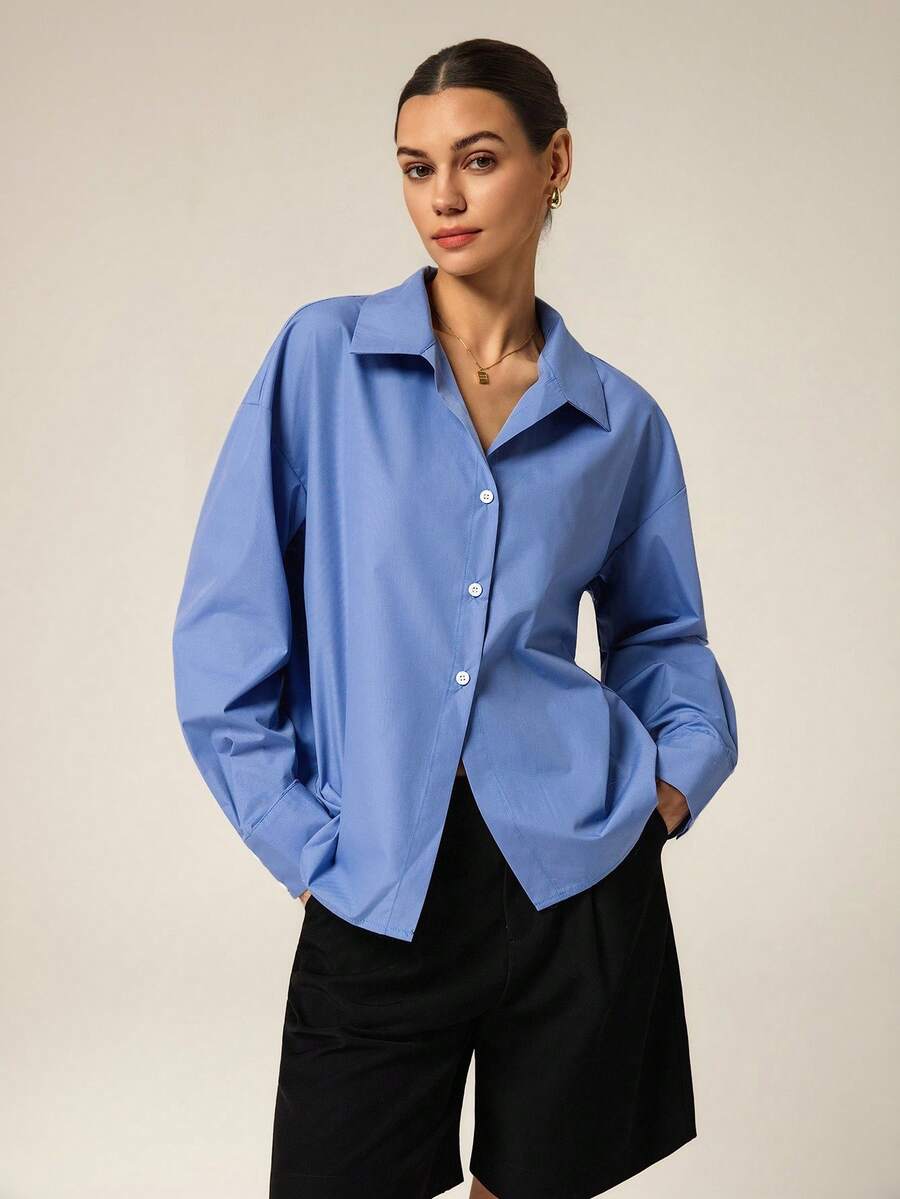 Hanevo 女式蓝色休闲运动 Polo 领简约衬衫 - 藍色 - 查看 1