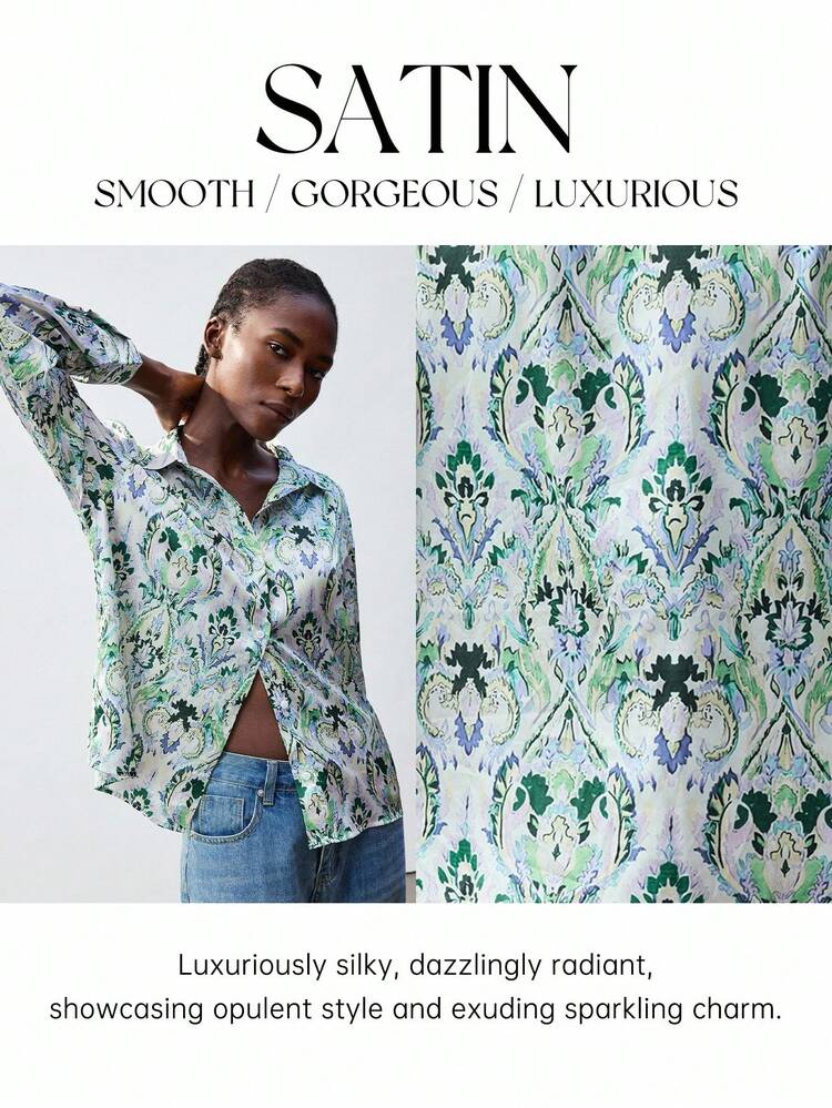 SHEIN Maija Floral Retro Print Loose Casual Long Sleeve Satin Blouse, Comfortable For Commuting And Vacation, Fashion & Versatile