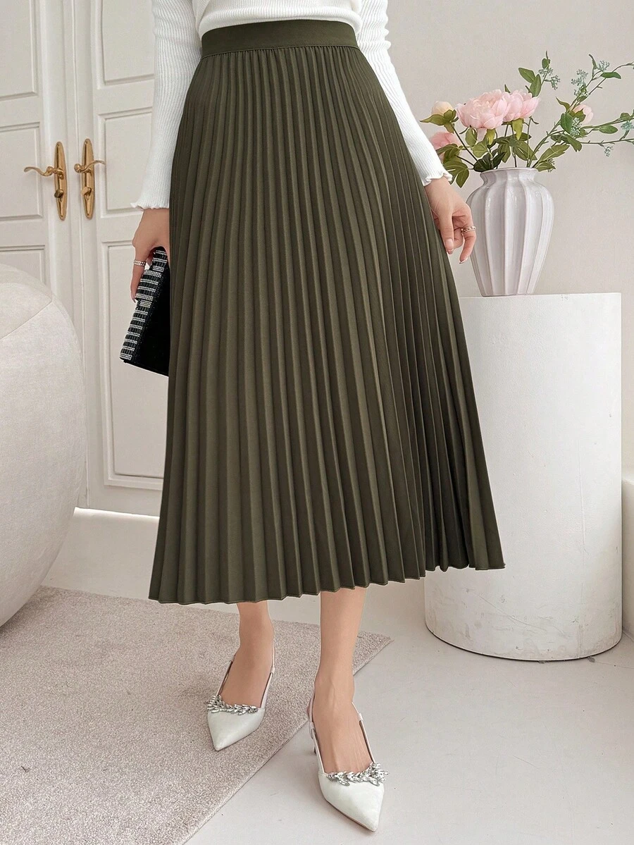 DAZY Damen eleganter plissierter A-Linien Rock, Herbst Winter Damen Röcke - Armeegrün - Übersicht 1