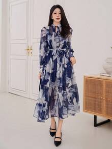 DAZY 女式花卉印花V领系带中长连衣裙，秋季 - 藍色 - 查看 3
