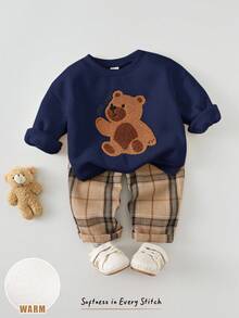 Cozy Pixies 2pcs Baby Boy Cartoon Bear Pattern Knit Soft Crew Neck Long Sleeve Pullover Sweatshirt And Elastic Waist Ankle Length Pants Set Fall Winter - Navy Blue - View 1