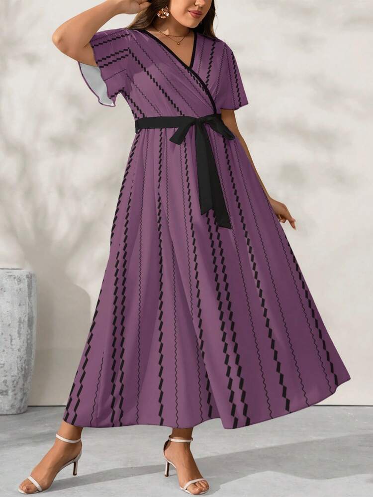 Lacomfia Plus Size Vintage Striped Purple V-Neck Waist Cinched Flared Hem Summer Dress For Women - Multicolor - View 3