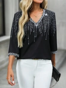 EMERY ROSE Áo cánh tay raglan cổ chữ V, dáng rộng, sáng bóng, thường ngày cho nữ - màu đen - Xem 4