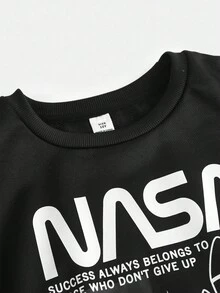 SHEIN 青少年男孩休闲宽松圆领运动衫套装 - 黑色 - 查看 3