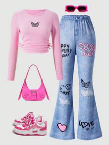 SHEIN Explorewe 2 pièces/set Combinaison ample à manches longues, taille froncée, nœud papillon, motif papillon, style décontracté et mignon, pour toutes les saisons, pour filles - Multicolore - Voir 3