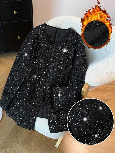 Franclia Elegant Versatile Silver Foil Padded Long Sleeve Padded Coat, Thick & Loose Fit, Flattering, Autumn/Winter Fall