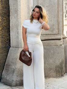 Jeta Ari White Stretch Texture Asymmetric Collar Top And Wide-Leg Pants With Elastic Waistband Pants Women's Two Pieces Set Casual Everyday, Elegant For All Seasons Business Casual Woman Women Two Pieces Outfits Office - White - View 6