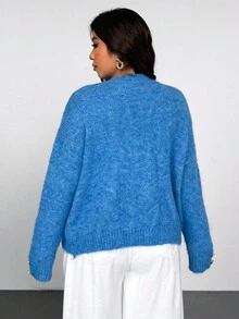 Vionelle Plus Size V-Neck Loose Knit Cardigan, Solid Color, Casual, Versatile, Elegant Sweater Top Winter Fall Autumn - Blue - View 2