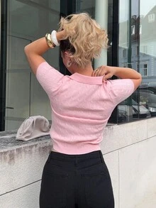 Jeta Ari Casual Twist Rope Polo Collar Solid Color Short Sleeve Knit Top - Pink - View 2