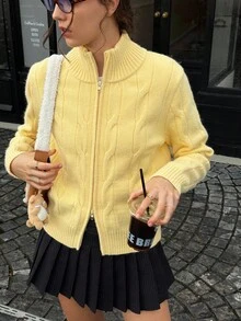 Jouncy Chaqueta de punto con cremallera y nudo de moda casual para mujer