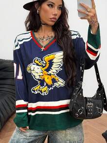 Coolane 女士秋冬街头服饰复古运动休闲 Y2K 日常穿着鹰图案 V 领长袖超大针织 T 恤 - 彩色 - 查看 6