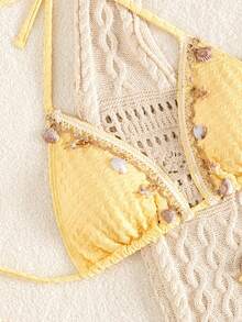 Swim Mod Textured Halter Neck Bikini Set With Starfish & Shell Decor - Yellow - View 5
